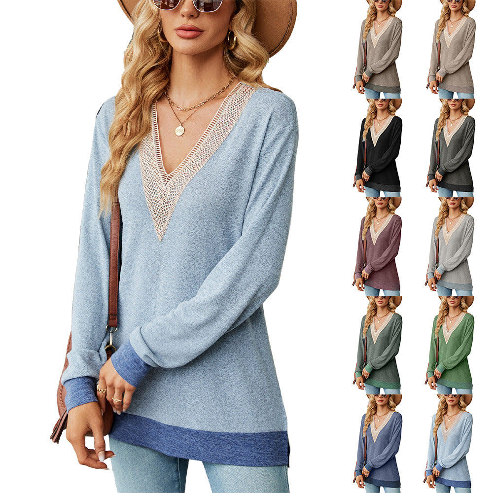 Women's Lace Contrast Color Slit Loose Long-sleeved Blouses