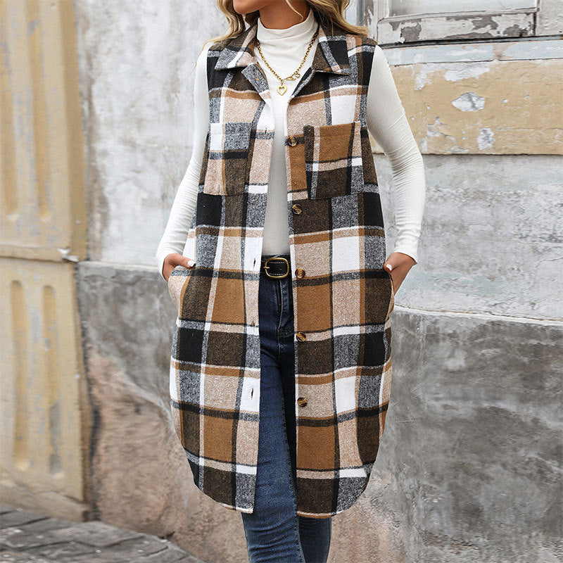 Women's Pretty Autumn Lapel Long Plaid Vests