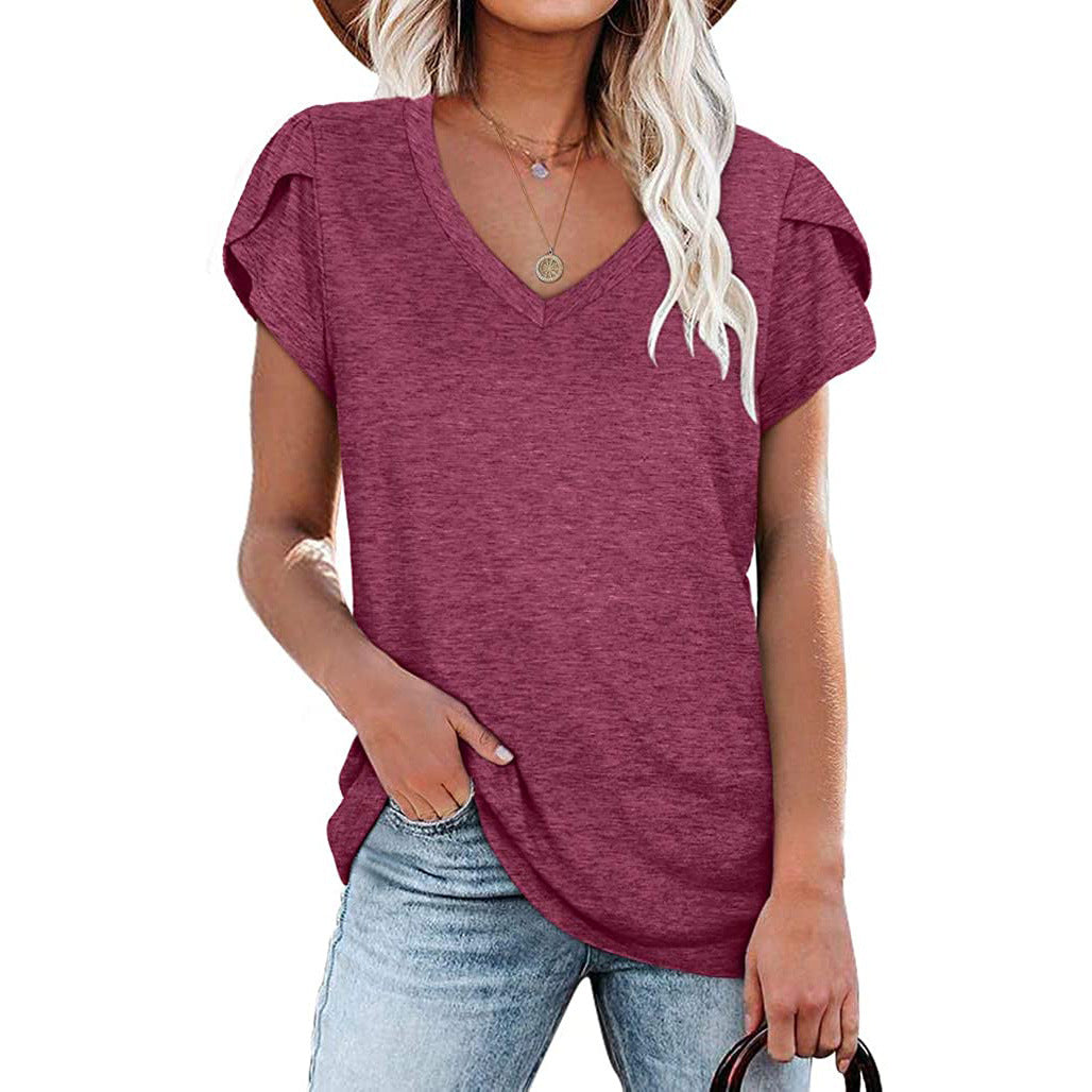 Women's Solid Color V-neck Short-sleeved T-shirt Loose Blouses