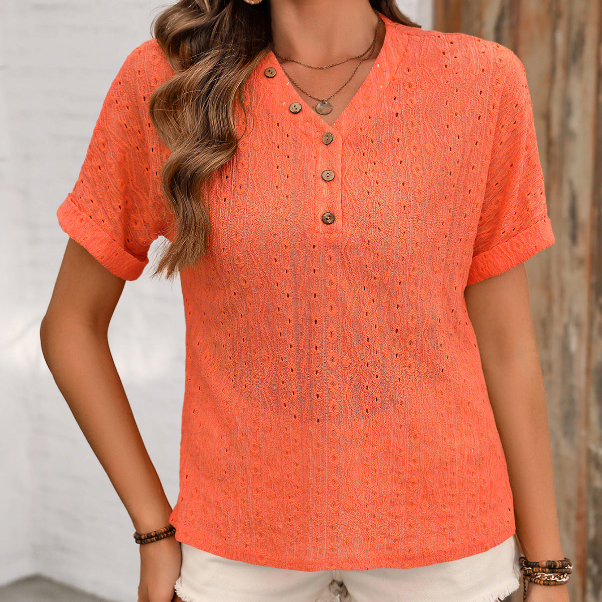 Women's Summer Ripped Crocheted Decorative Buckle Collar Blouses