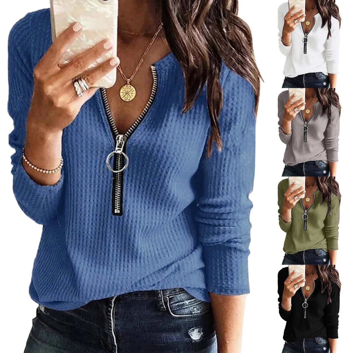 Women's Super Waffle Knitted Zipper Large T-shirt Blouses