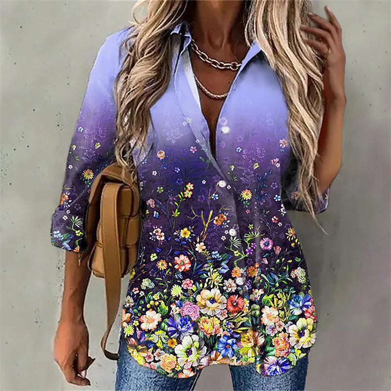 Women's Printed Long-sleeved Single-breasted Lapel Shirt Blouses