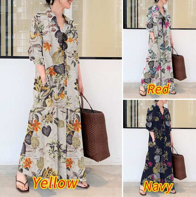 Linen Printing Lapel Long Sleeve Pocket Simple Loose Casual Shirt Dresses