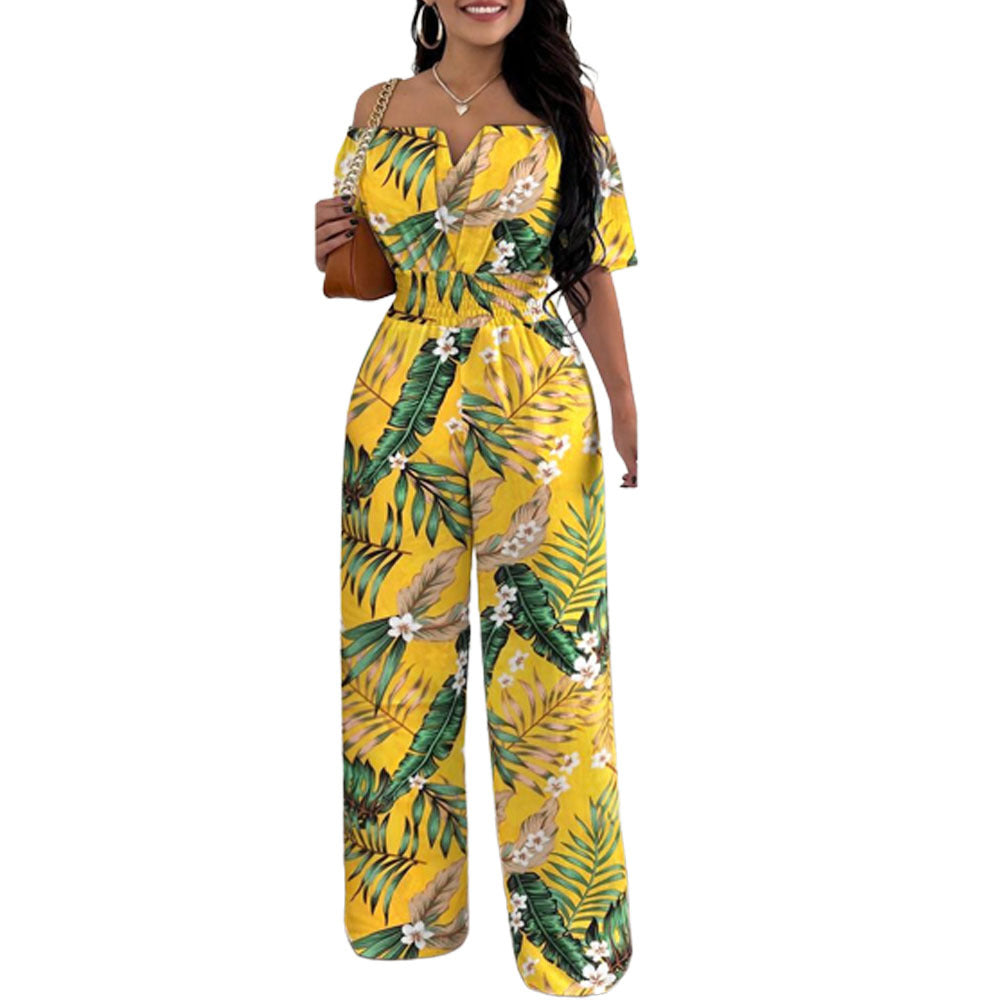 Women's Off-neck Waist Trimming Loose Straight Collar Jumpsuits