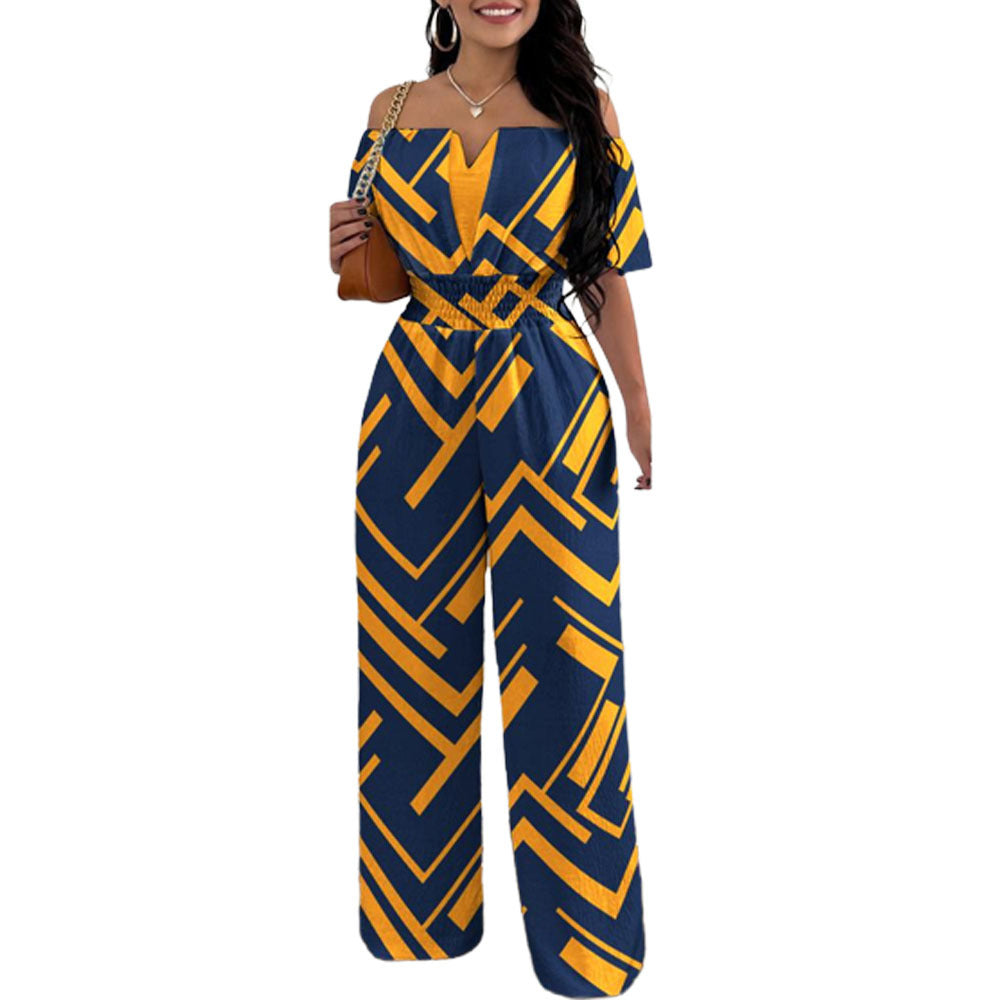 Women's Off-neck Waist Trimming Loose Straight Collar Jumpsuits