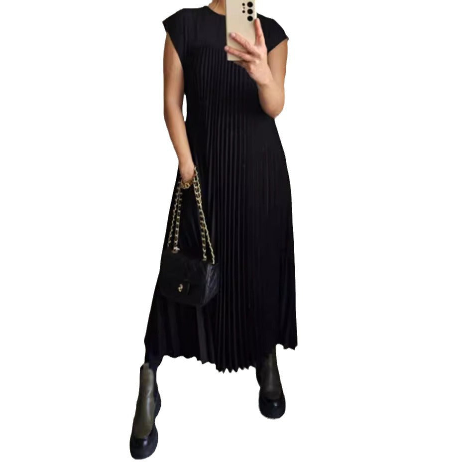 Women's Fashion Round Neck Sleeveless Pleated Dress Dresses