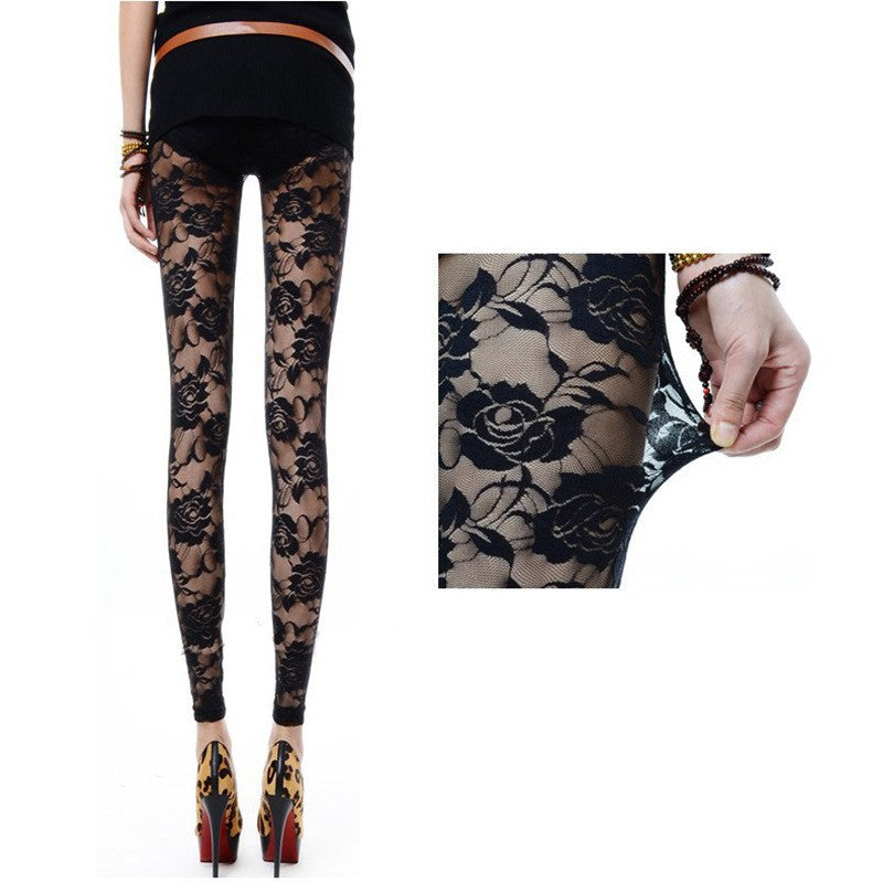 Women's Style Sexy Rose Lace Mesh Transparent Leggings