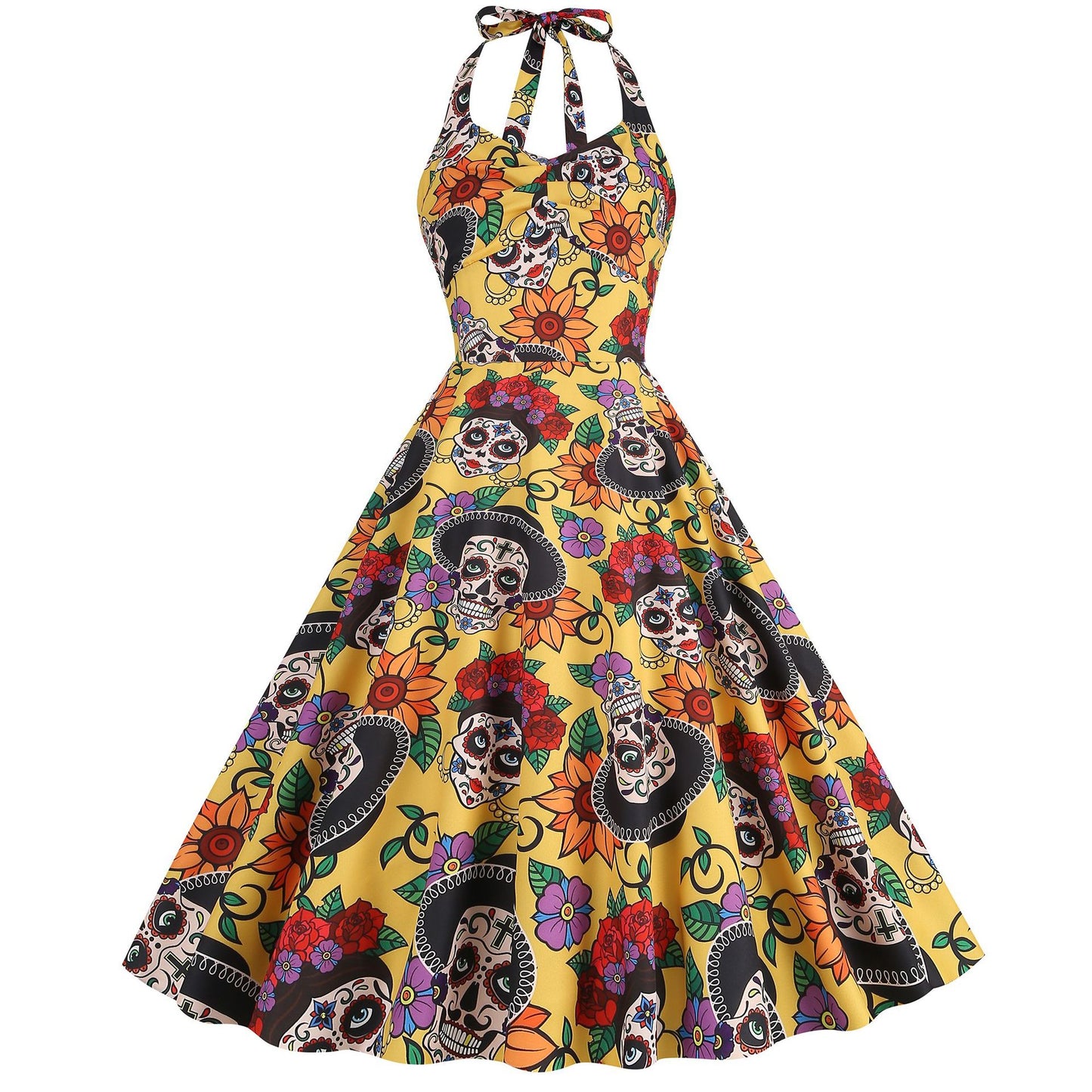 Women's Halloween Skull Print Contrast Color Halter Dresses