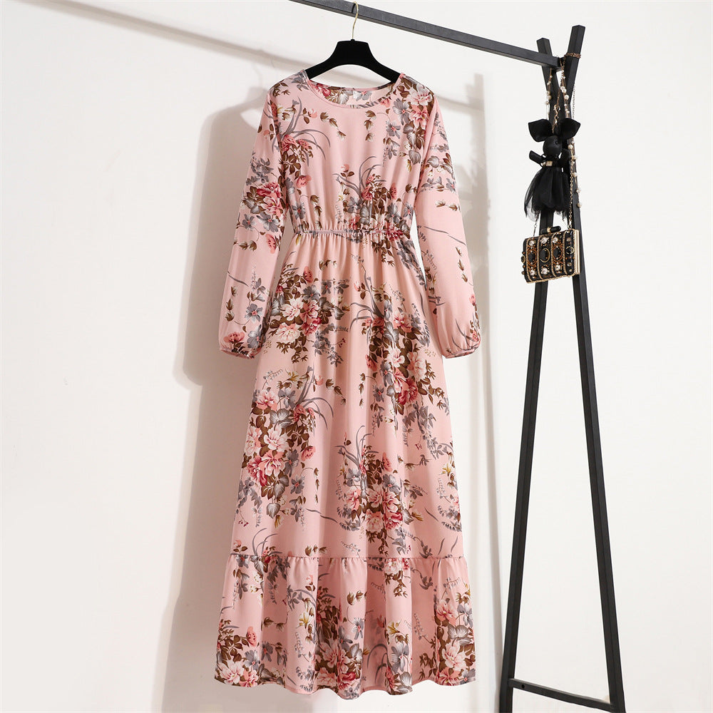 Women's High Waist Long Retro Chiffon Printed Floral Round Neck Dresses