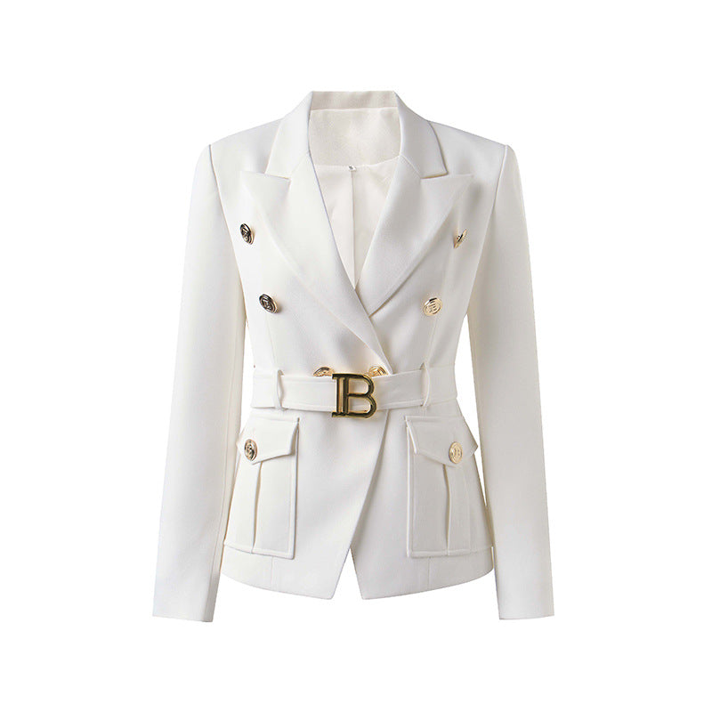 Women's White Two-color Pocket Slim Fit Small Blazers