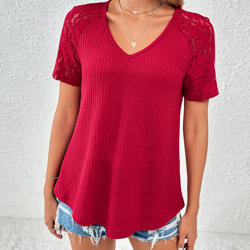 Women's Summer Hollow Lace Loose T-shirt Sleeve Tops