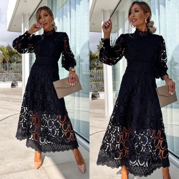 Women's Autumn Sexy Hollow Long-sleeved Stand Collar Large Swing Dresses