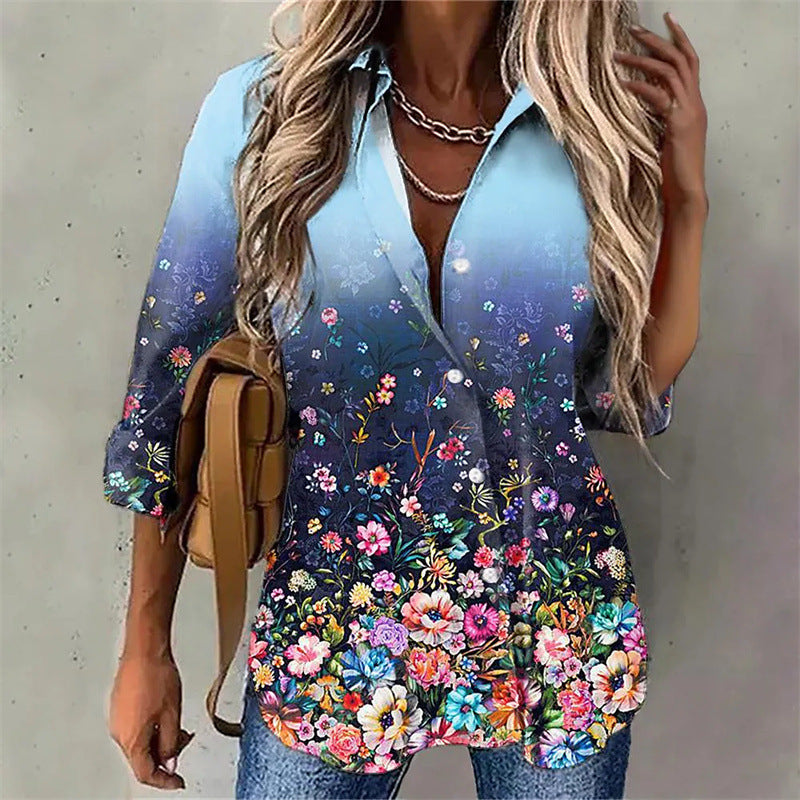 Women's Printed Long-sleeved Single-breasted Lapel Shirt Blouses