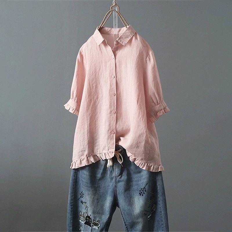 Women's Linen Shirt Casual Single-breasted Ruffled Sleeves Blouses