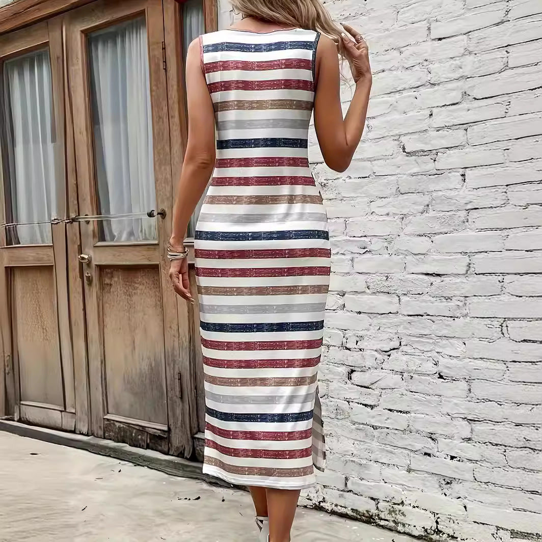 Women's Sleeveless Striped Slit Long Dress Dresses