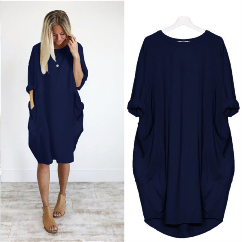 Women's Sleeve Round Neck Solid Color Loose Pockets Dresses