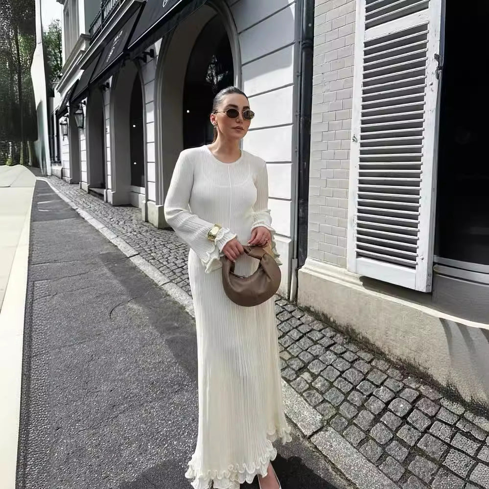 Women's Color Round Neck Long Sleeve Slim Fit Dresses