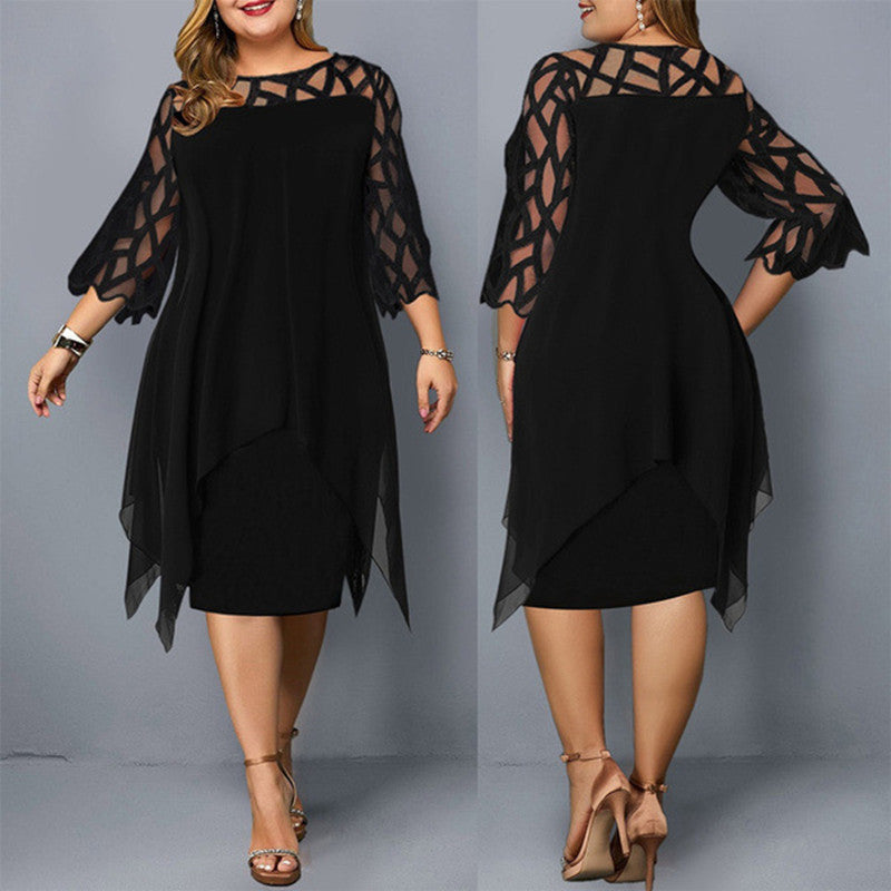 Women's Large Fashion Lace Stitching 3/4 Sleeve Irregular Hem Chiffon Dresses