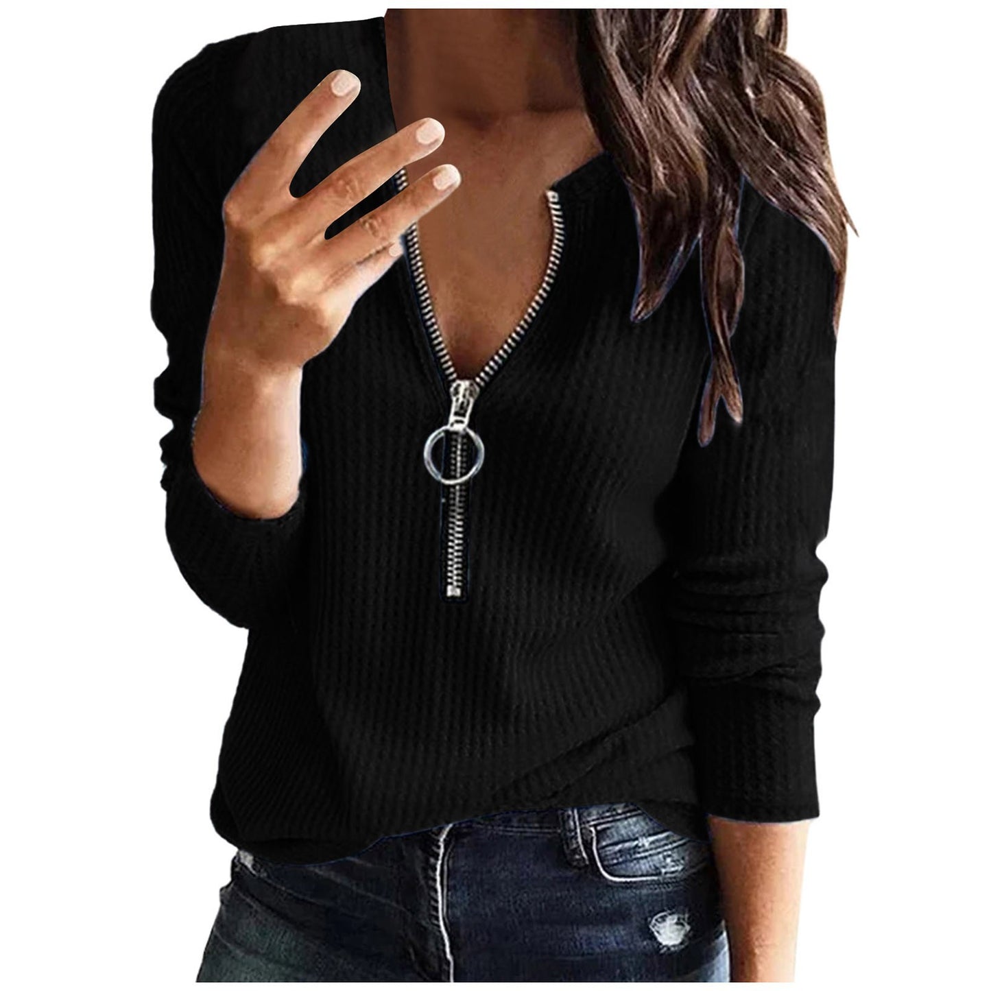 Women's Super Waffle Knitted Zipper Large T-shirt Blouses