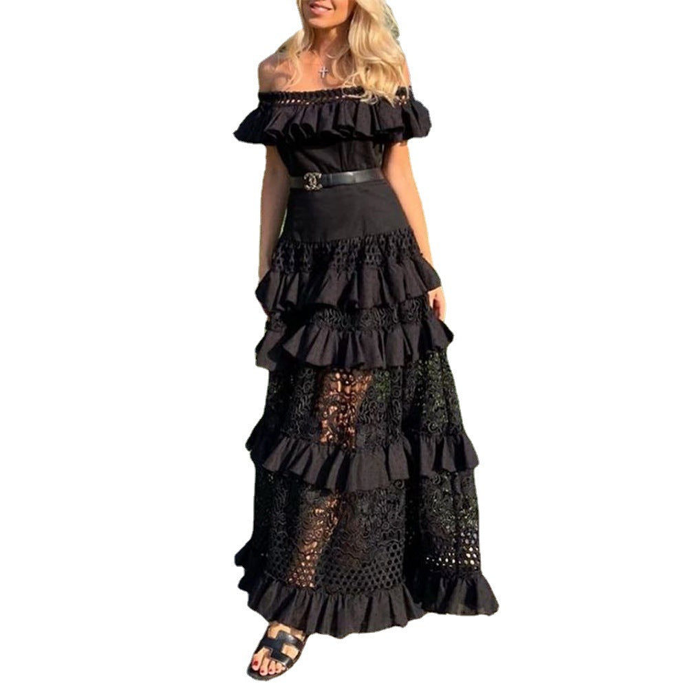 Women's Summer Ruffled Hollow Wide Hem Lace Dresses