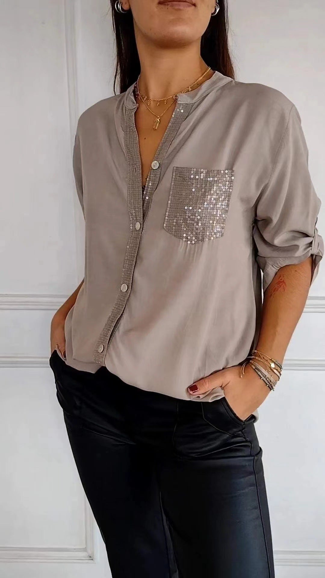 Women's Summer Casual Fashion Stand Collar Sequined Tops