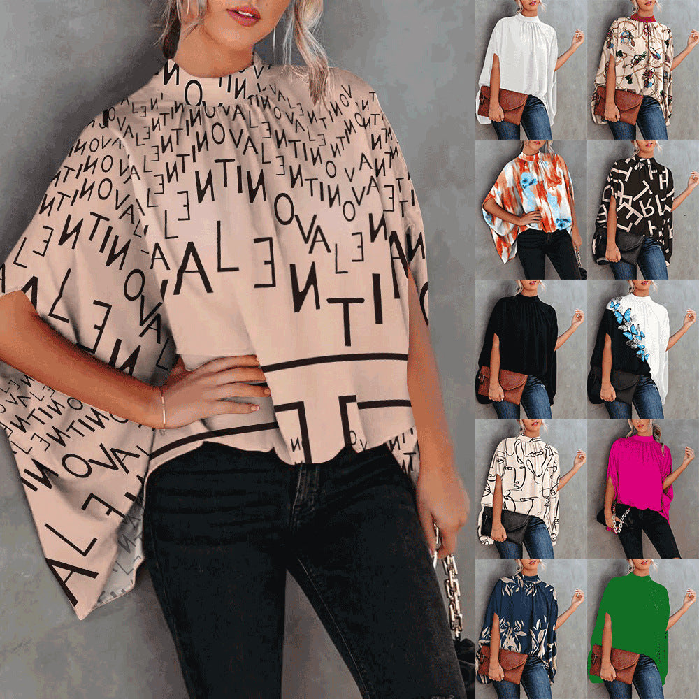 Women's Summer Casual Fashion Printing Split Batwing Blouses