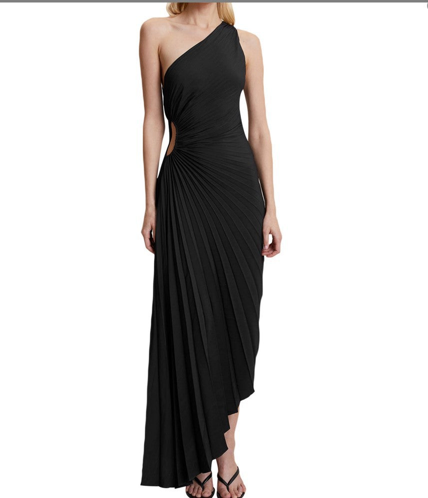 Women's Diagonal Collar Pleated Hollow Dress Satin Dresses