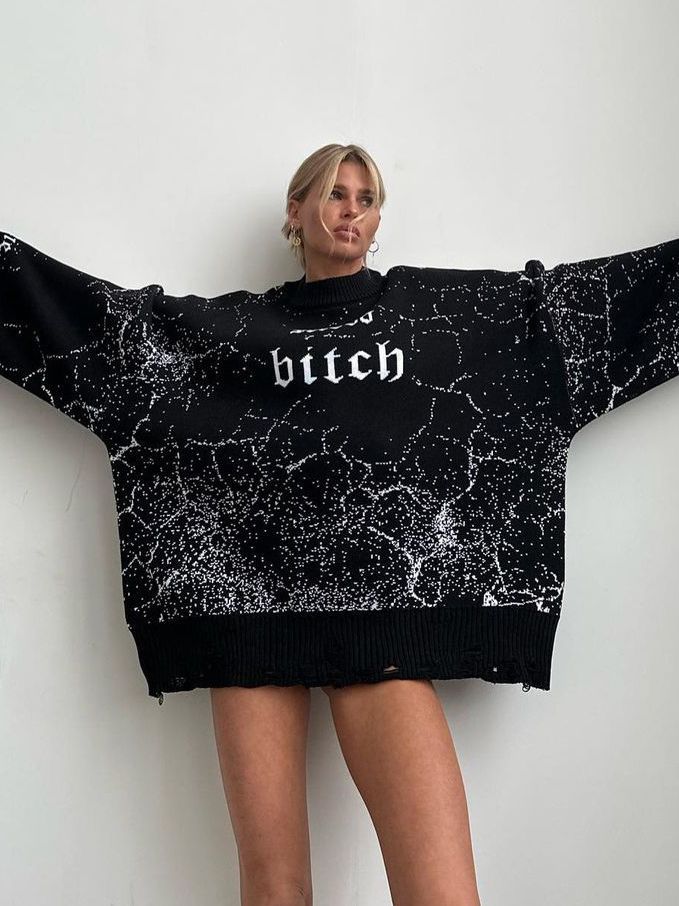 Women's Loose Letter Embroidery Personalized Tatted Woolen Long Sweaters