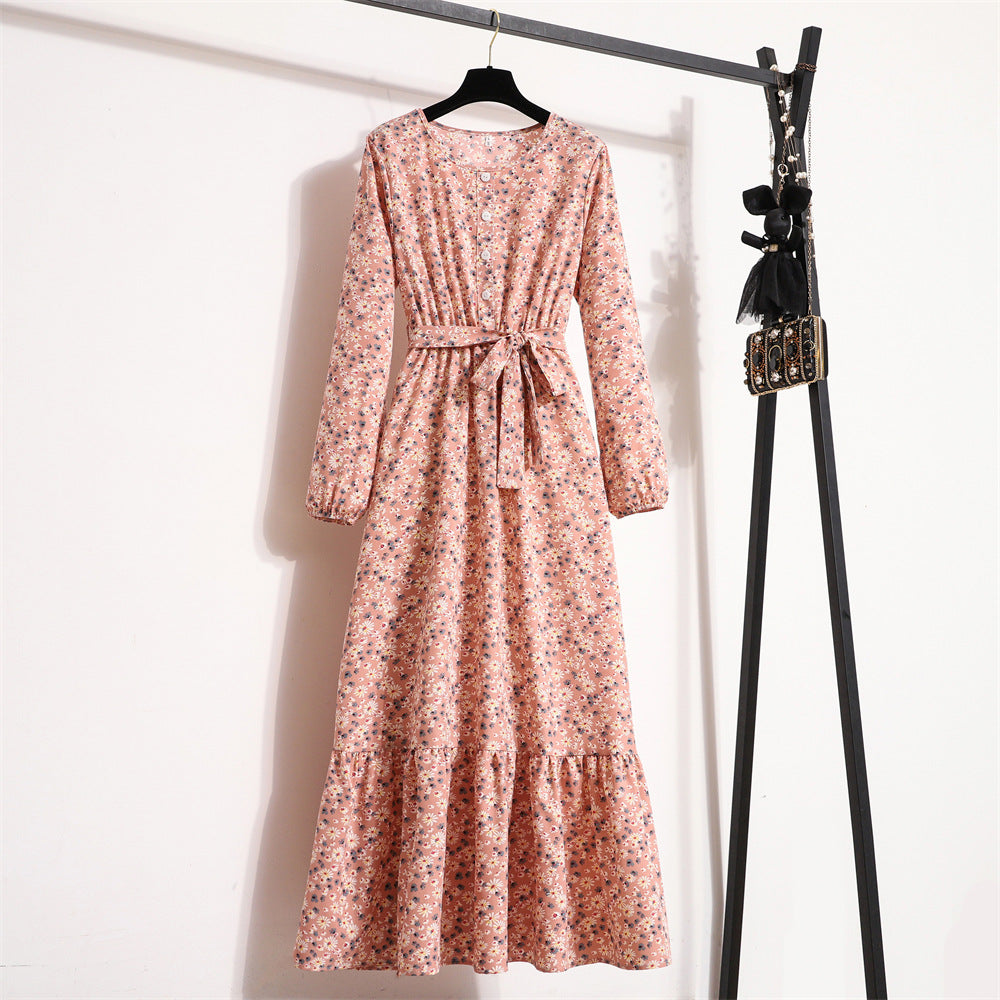 Women's Vintage Floral Long Sleeve Dress Waist Dresses