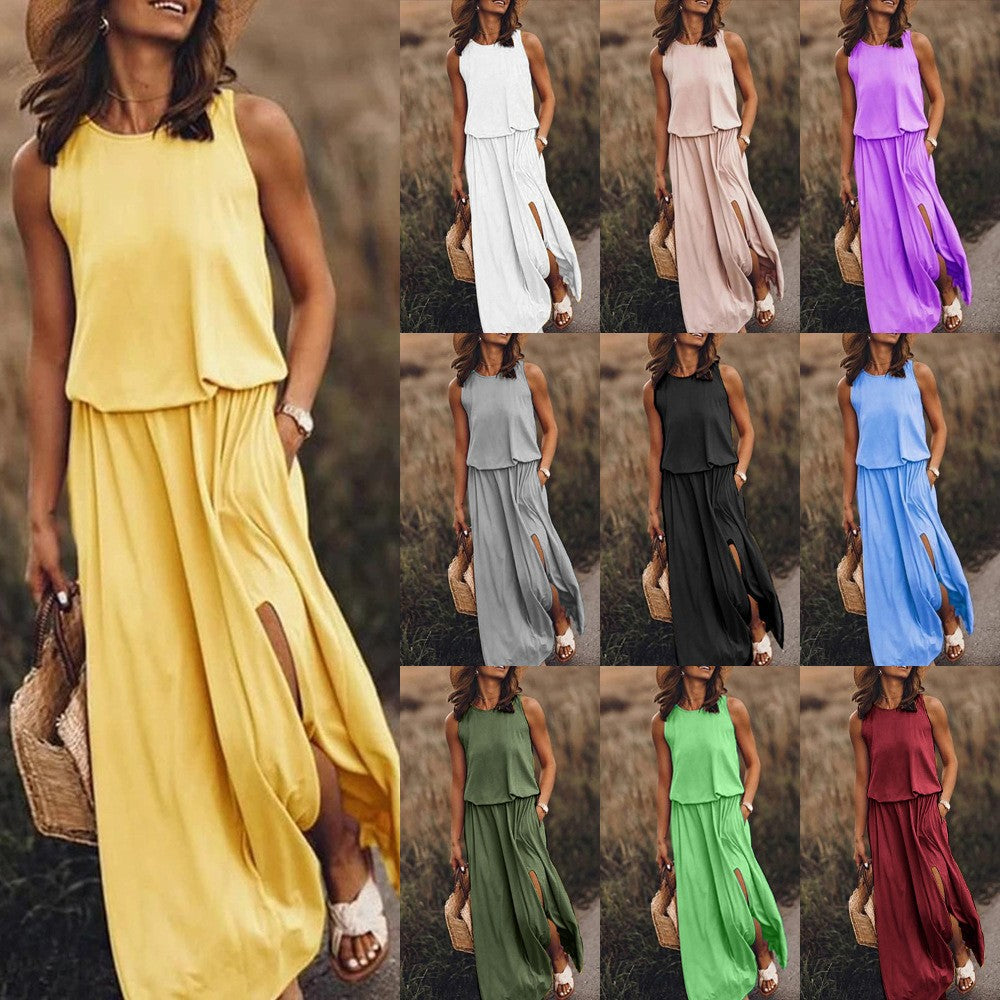 Women's Round Neck Sleeveless Dress Split Solid Dresses