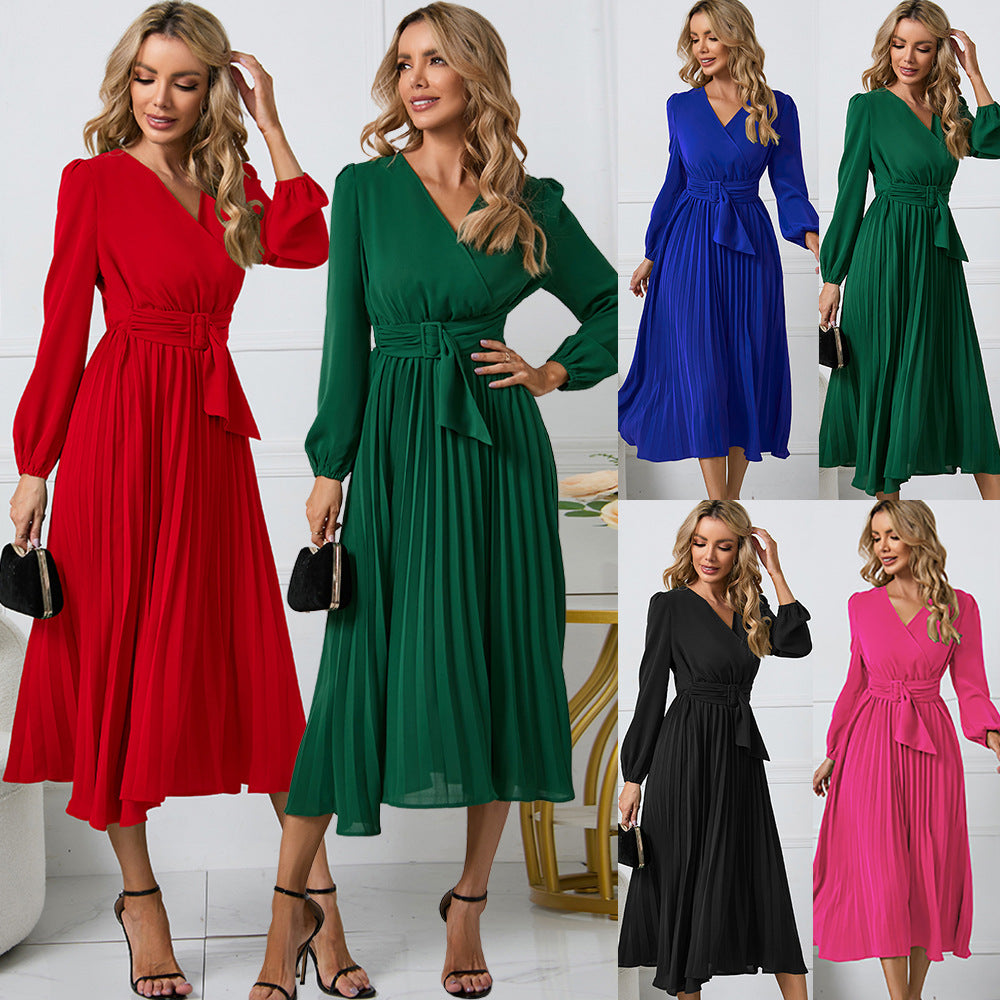 Women's Long Sleeve Slim-fit Pleated Belt V-neck Skirts