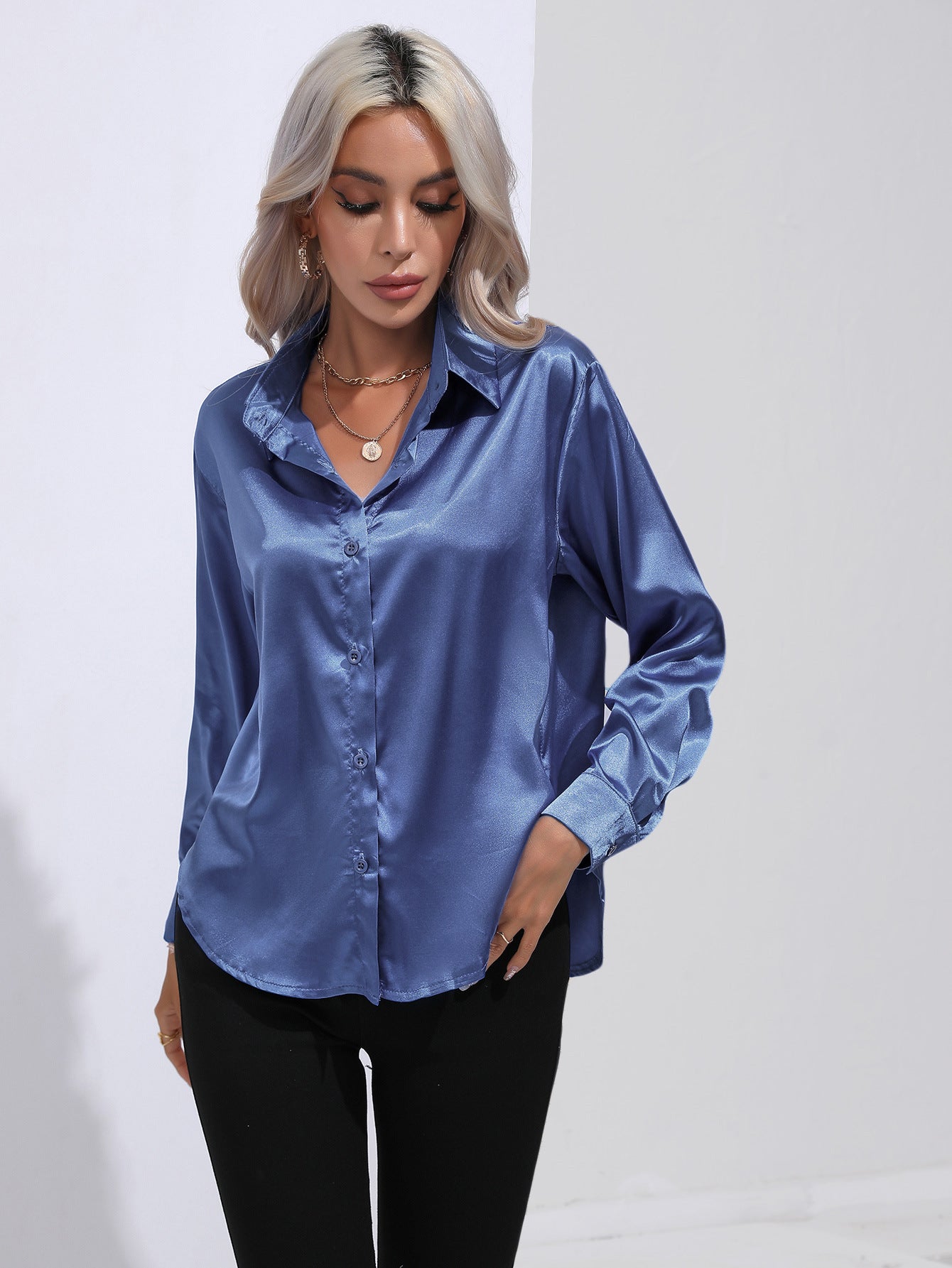 Women's Attractive Pretty Satin Shirt Long-sleeved Blouses