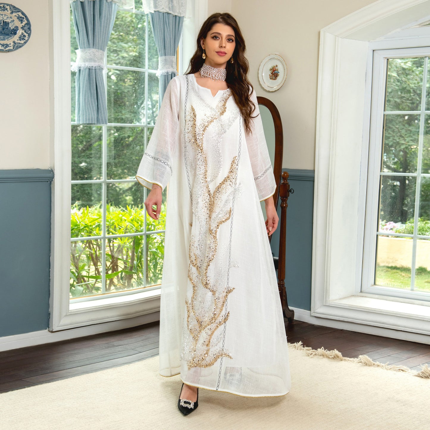 White Mesh Sequin Embroider Muslim Dress Saudi Clothing