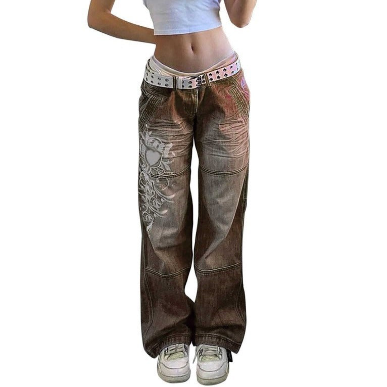 Hipster Irregular Personality Printed Distressed Straight Jeans