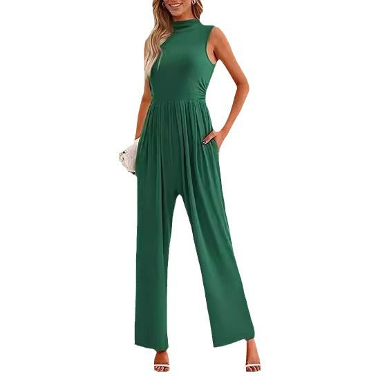 Women's Casual One-piece Sleeveless Wide Leg Belt Jumpsuits