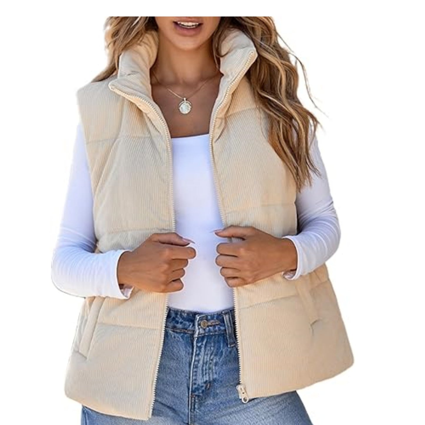 Women's Corduroy Fashion Casual Pocket Placket Zipper Vests