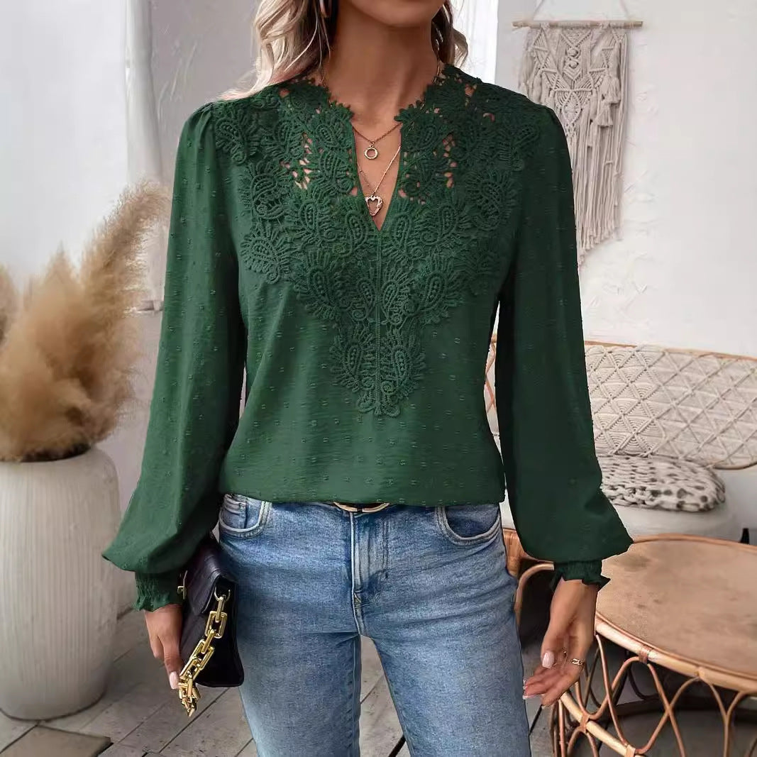 Women's Autumn Lace Stitching Solid Color Shirt Blouses