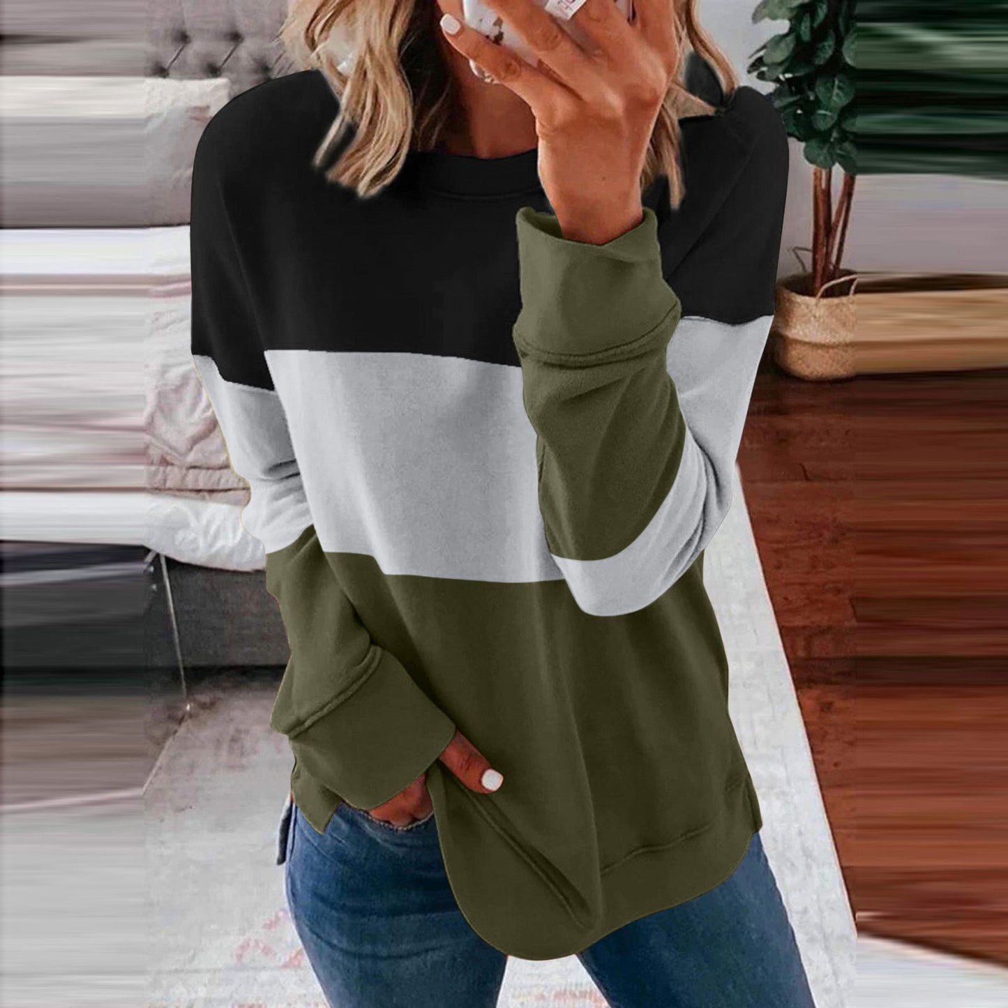 Women's Color Matching Contrast Casual Loose Pullover Blouses