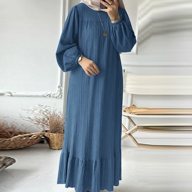 Women's Muslim Wear Robe Fashion Puff Sleeve Vintage Pocket Clothing