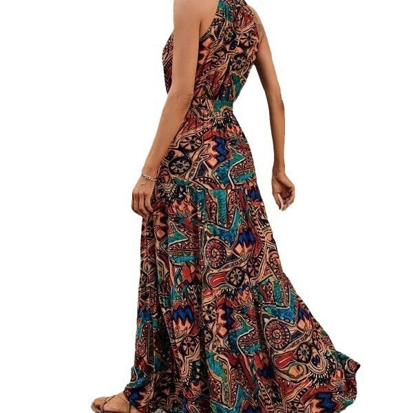 Women's Autumn Vintage Print Halter Bohemian Dress Clothing