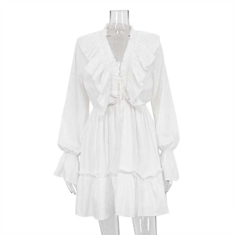 Women's Fashionable Pleating Bell Sleeve Ruffled White Dresses