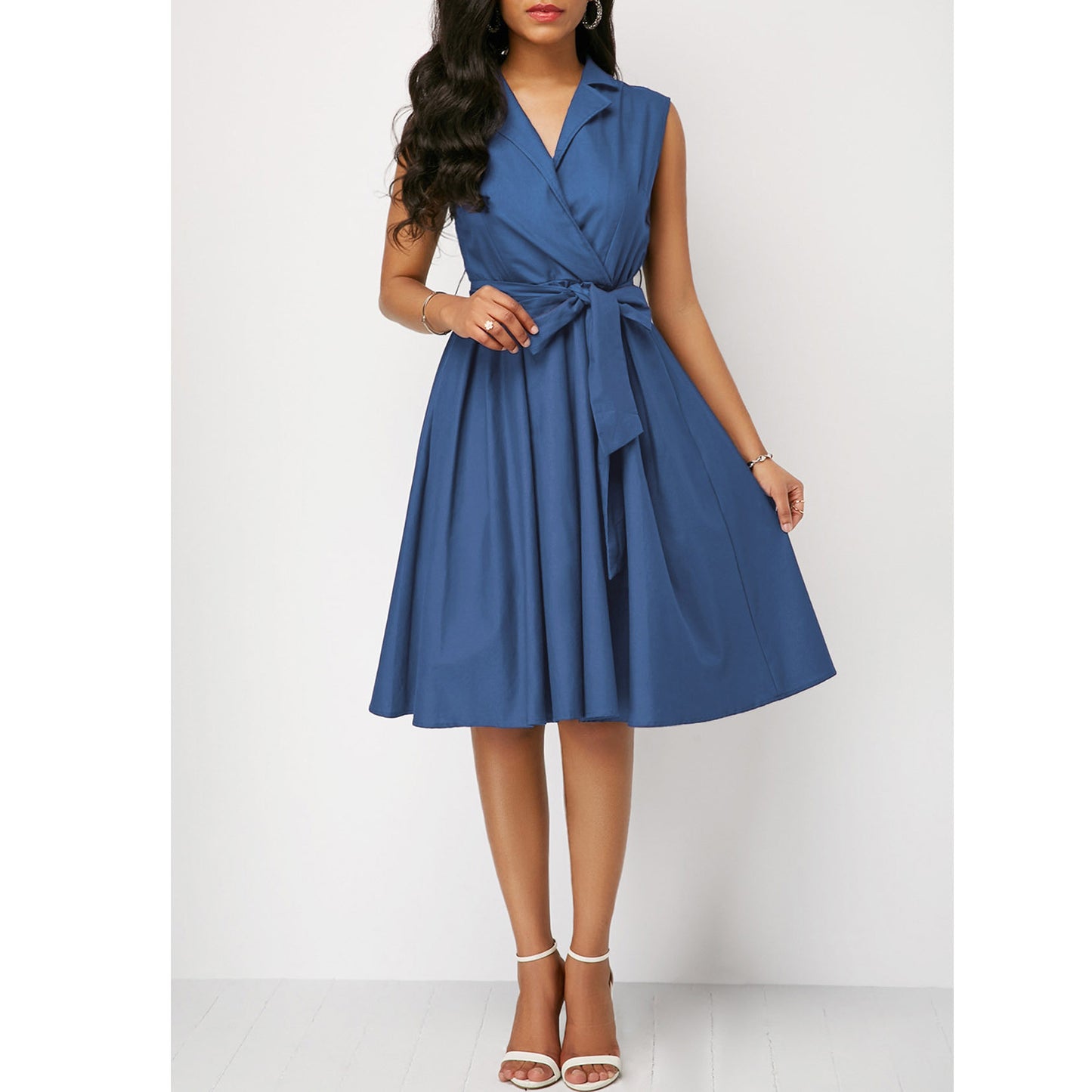 Women's Solid Color Waist Tight Sleeveless Lapel Tied Commuter Mid-length Dresses