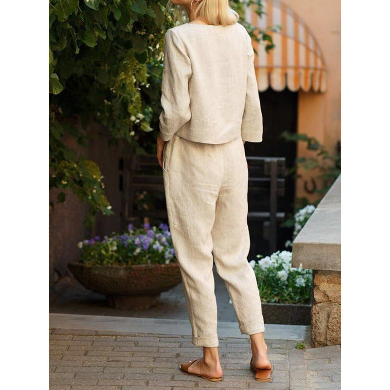 Women's Linen Fashion Solid Color Casual Two-piece Simple Suits