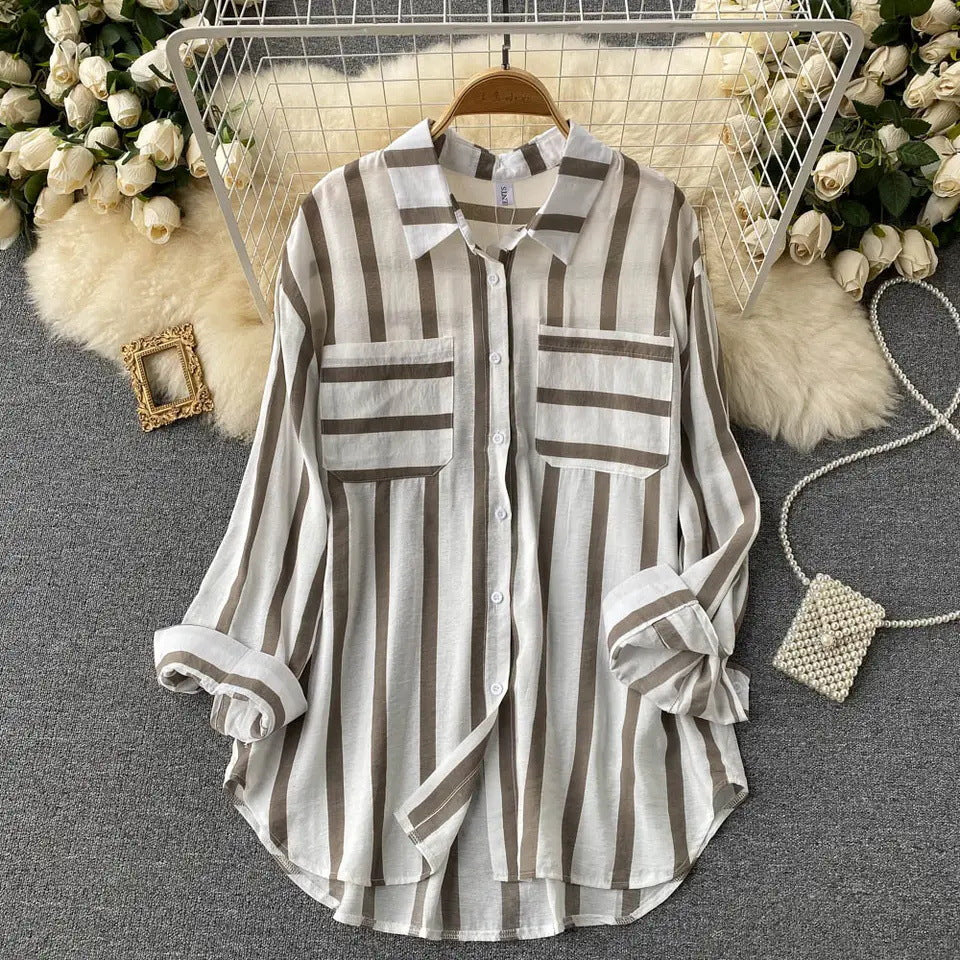 Mid-length Vertical Stripes Shirt Female Korean Blouses