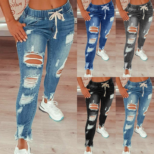 Women's Elastic Band Waist Lace Ripped Trousers Jeans