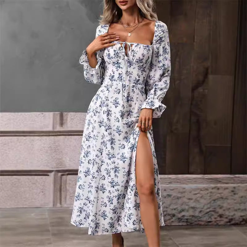 Women's Autumn Floral Slit Dress Girdle Elegant Dresses