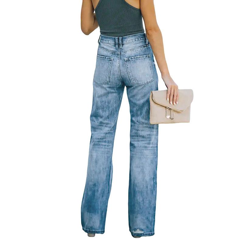 Women's Stretch Washed Hole Wide-leg Denim Super Jeans