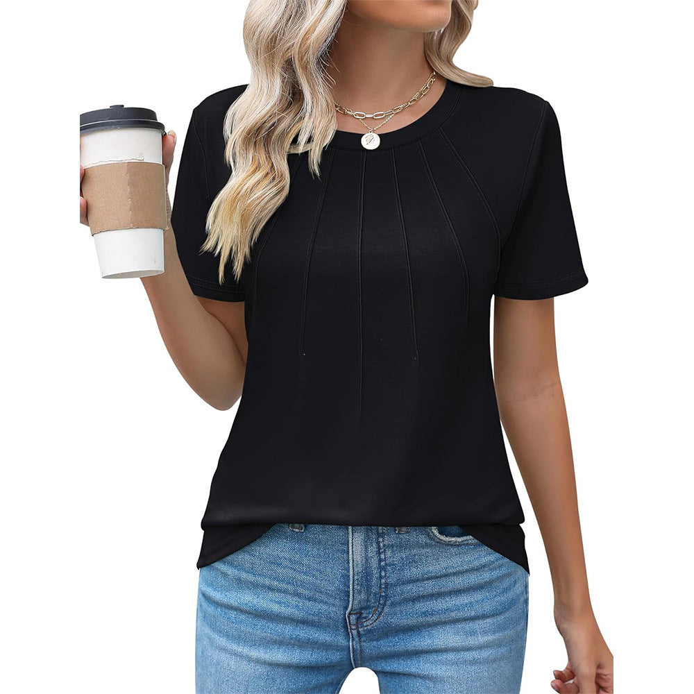 Women's Pleated Round Neck Short-sleeved T-shirt Blouses