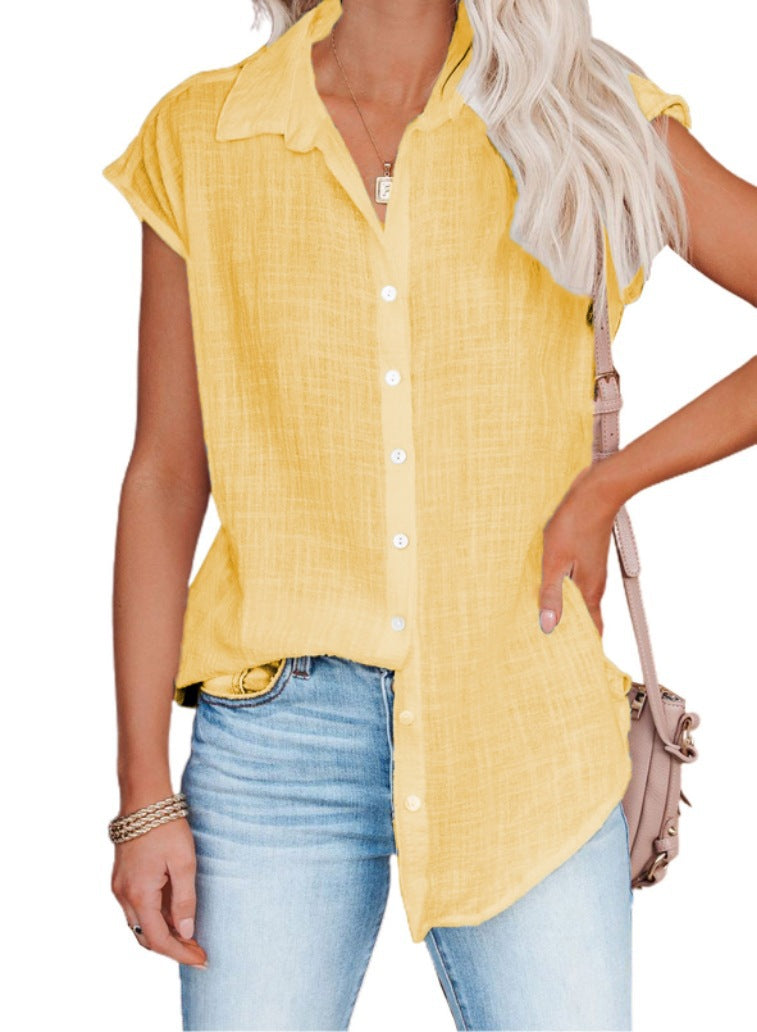 Summer Solid Color Single-breasted Lapel Shirt Blouses