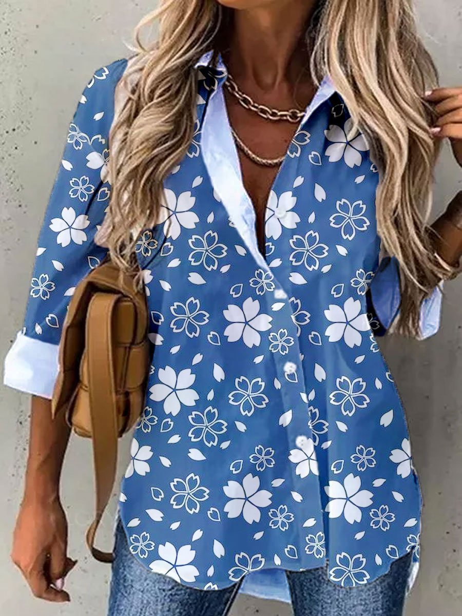 Women's Printed Long-sleeved Single-breasted Lapel Shirt Blouses